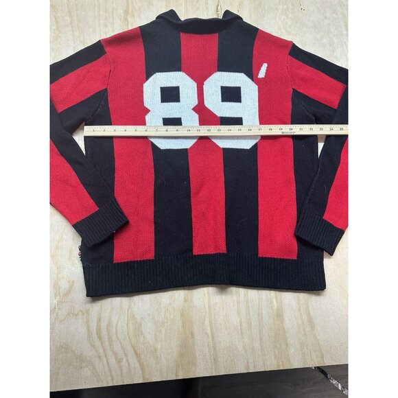 Obey Sweater Mens Large Red Black Polo Pullover Soccer Jersey 89 Stripe Knit - Picture 7 of 7
